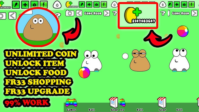 Screenshot of Pou MOD APK showing unlimited coins, unlocked items, food, and shopping features in the game’s green game room interface.