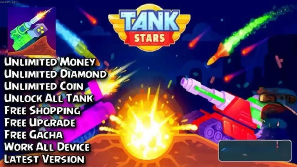 Tank Stars MOD APK v2.8.0 (Unlimited Money, Unlocked Tanks & Weapons)" promo image with a tank firing a missile, explosion, and features list: Unlimited Money, Coins, Free Shopping, Upgrades, Gacha, All Devices, Latest Version. 