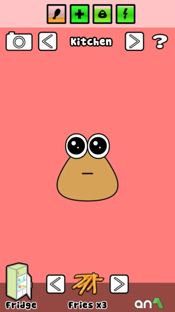 Pou standing in the kitchen scene with a red background, showing food options like fries and fridge icons in the MOD version of the game.