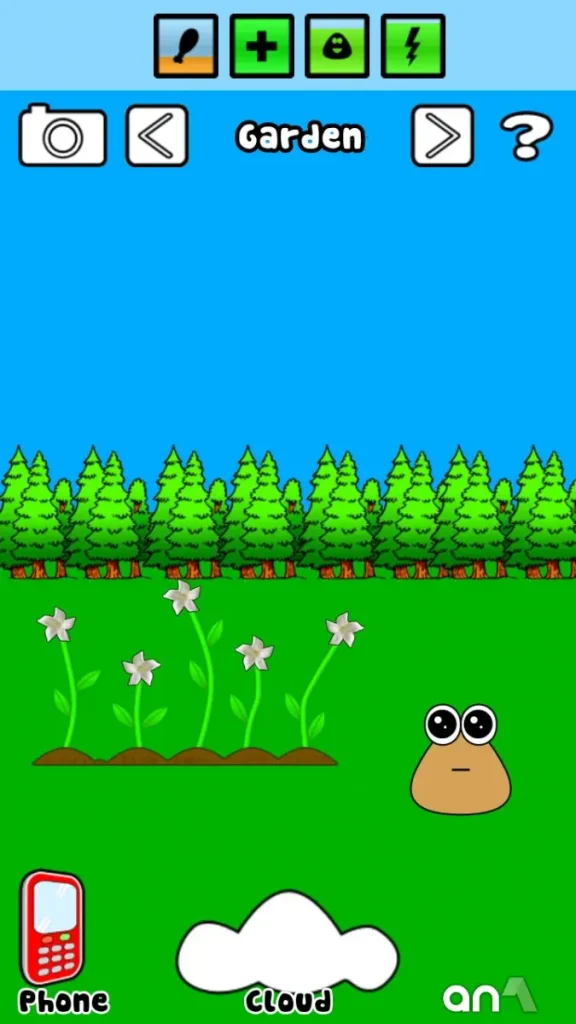 Pou standing in the kitchen scene with a red background, showing food options like fries and fridge icons in the MOD version of the game.