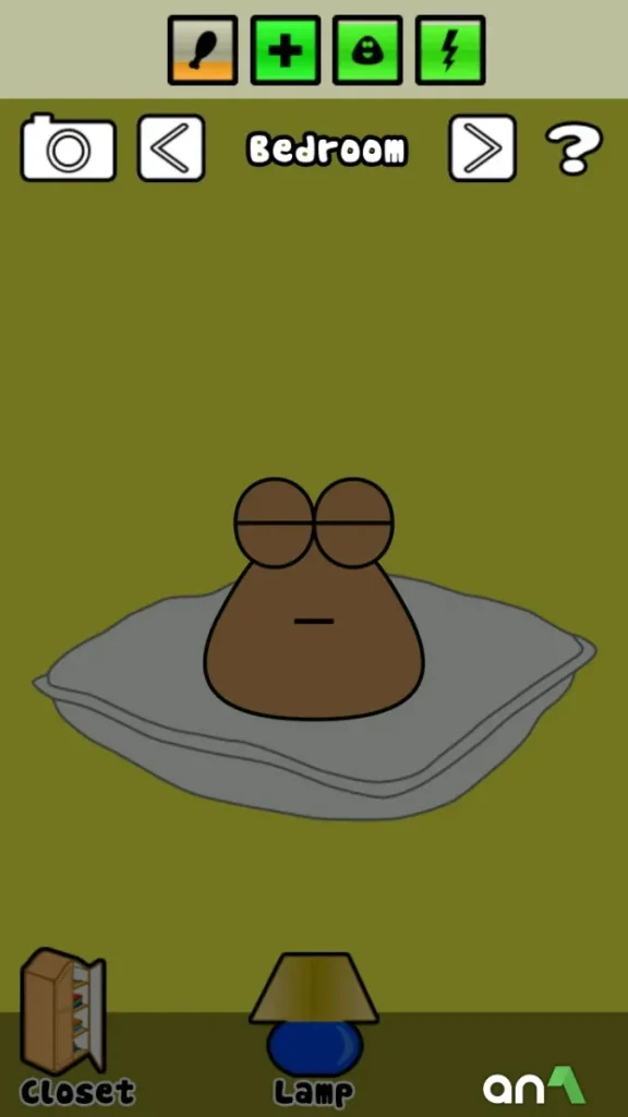 Pou standing in the kitchen scene with a red background, showing food options like fries and fridge icons in the MOD version of the game.