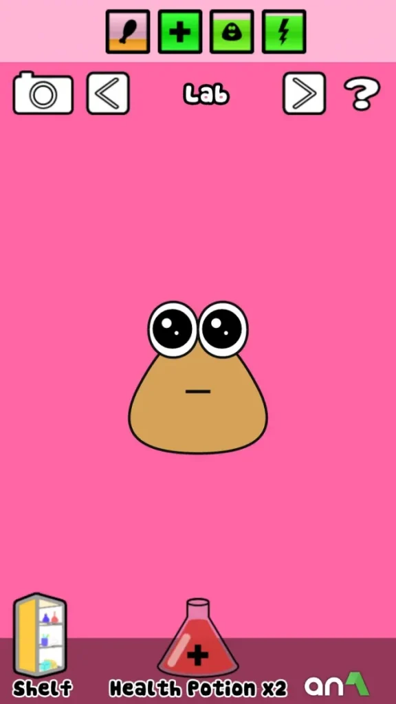 Pou standing in the kitchen scene with a red background, showing food options like fries and fridge icons in the MOD version of the game