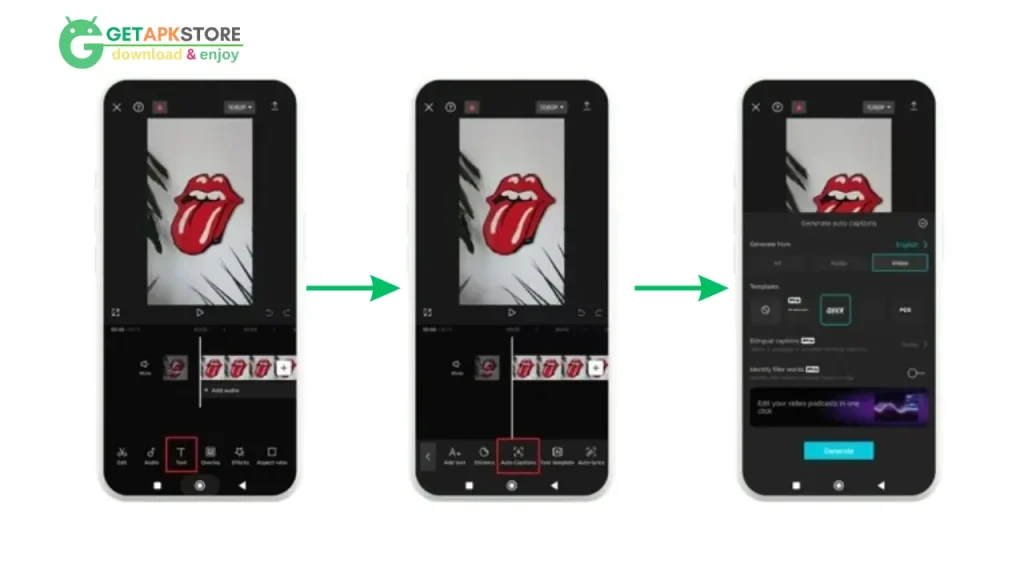 A three-panel guide showing the process of generating auto captions in the CapCut app. The first panel shows selecting the "Text" option, the second shows selecting "Auto Captions," and the third shows the final settings screen for generating captions.