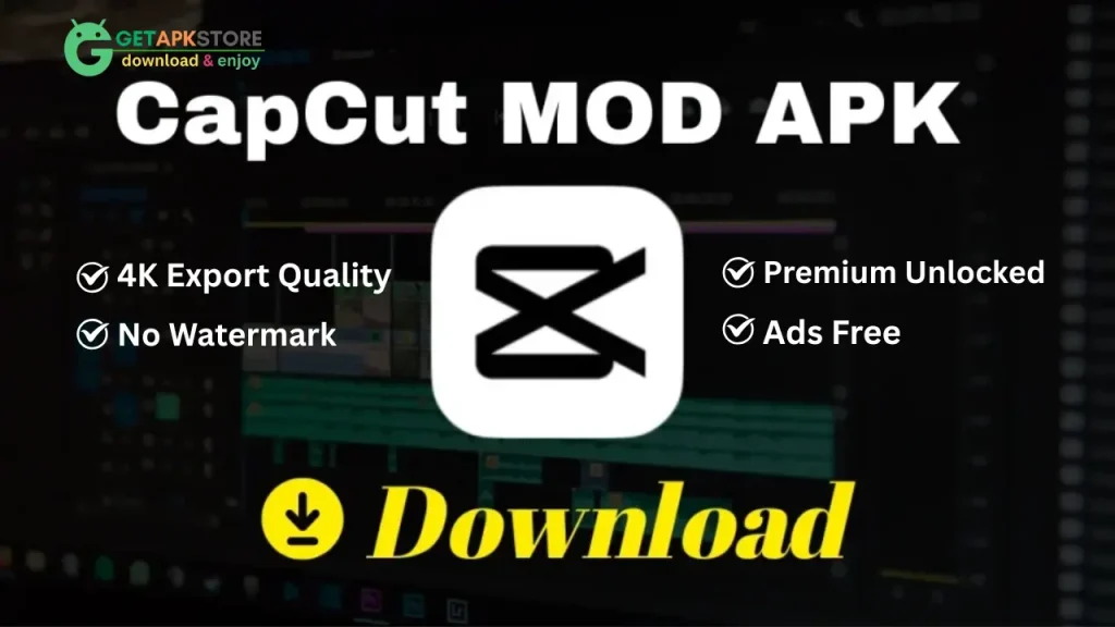 A banner image showing the CapCut logo, with the heading "CapCut MOD APK." Below it, a list of features is visible: "4K Export Quality," "No Watermark," "Premium Unlocked," and "Ads Free," with a prominent "Download" button at the bottom. The background shows a video editing timeline on a computer screen.