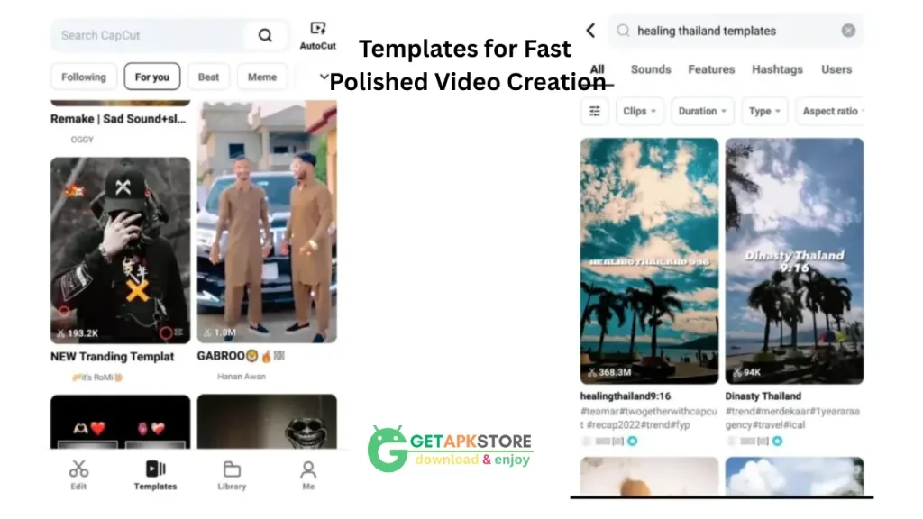 : A visual guide showing two screenshots from the CapCut app. The left screen shows the "Templates" tab with a "New Trending Template," while the right screen displays search results for "healing thailand templates." The title reads, "Templates for Fast Polished Video Creation."